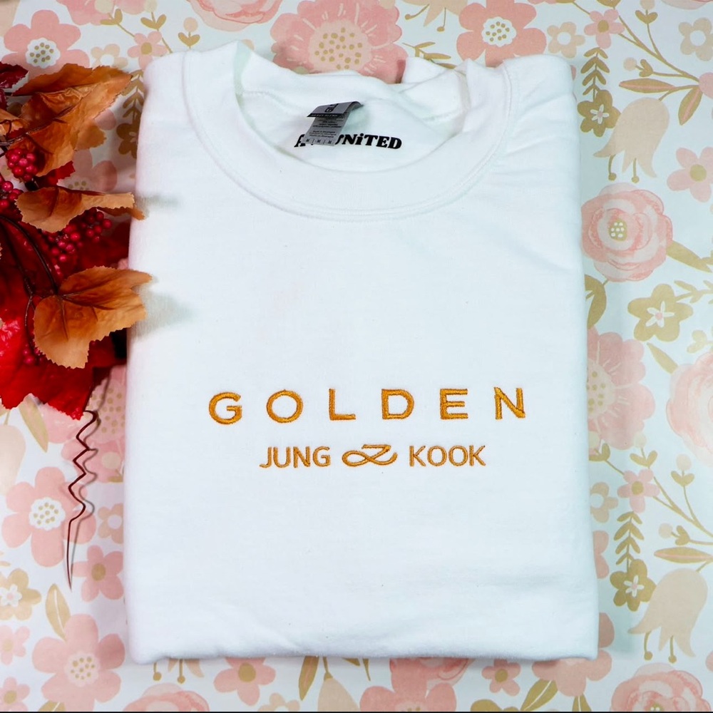 White Sweatshirt with Golden Embroidery bts Jungkook